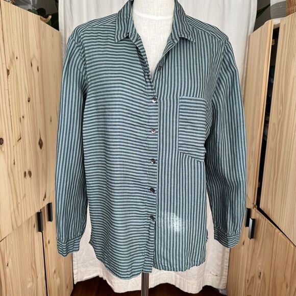 Gudrun Sjoden Tops - Gudrun Sjoden Linen Blend Shirt Womens XL Mint Green Gray Striped Lagenlook FLAW